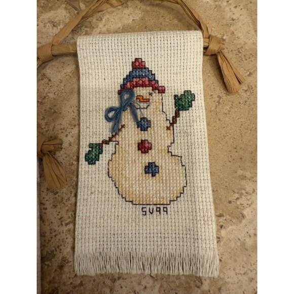 Handmade Cross-Stitch Snowman Wall Hangings Set Of 3 With Rustic Twine Hangers - Picture 2 of 7